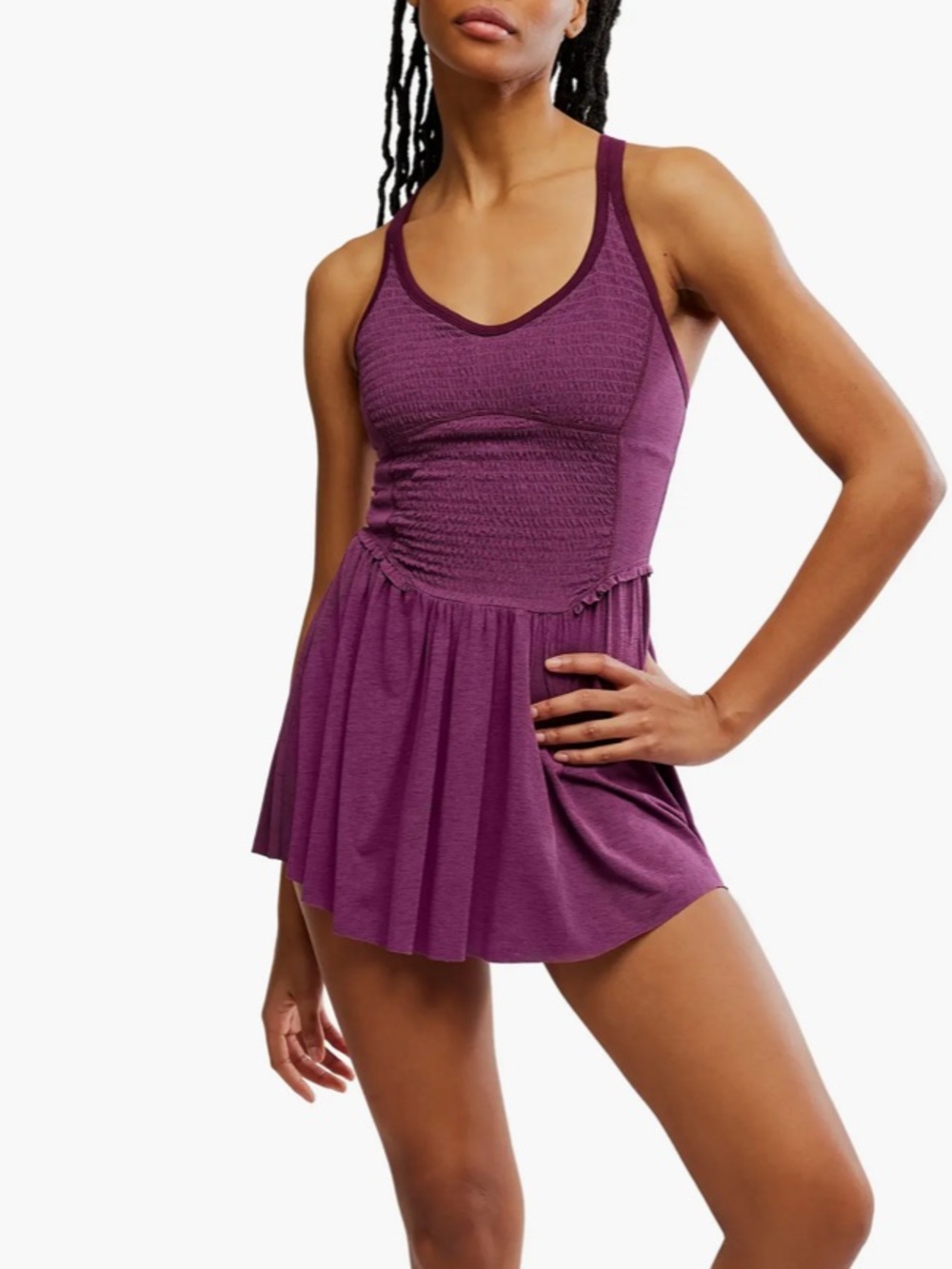FP Movement Smockin' Hot Dress Sleeveless Smocked Bodice Dress in Plum
